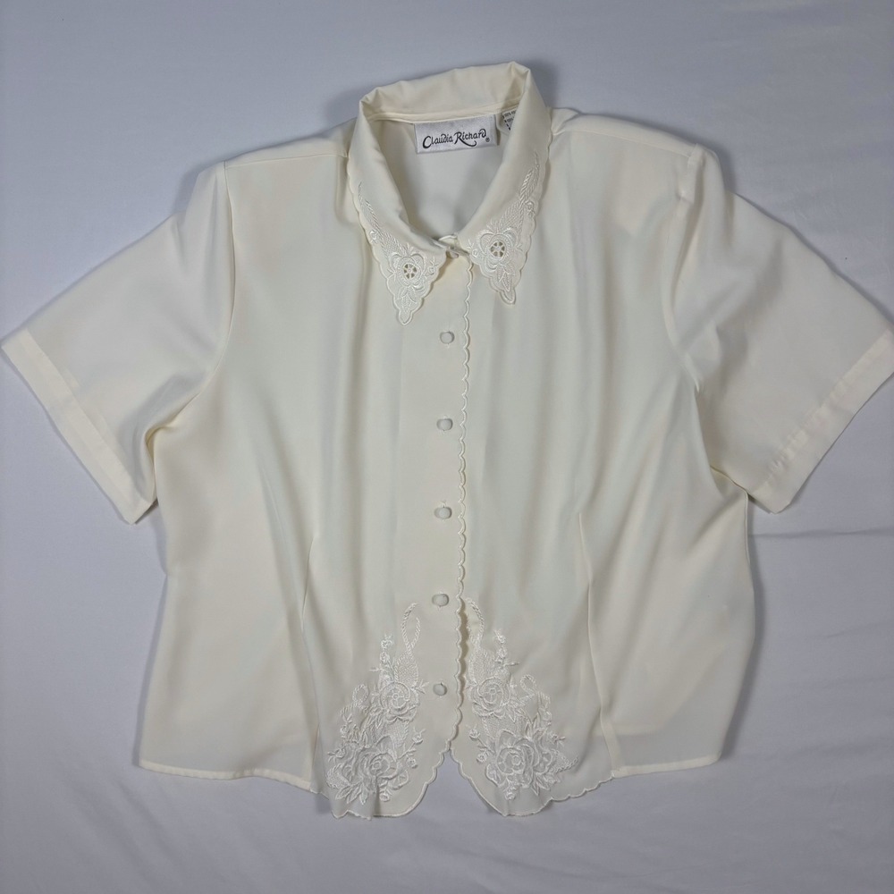 VTG Claudia Richard Size 16‎ Office Cream Floral Embroidered Blouse - Picture 3 of 10